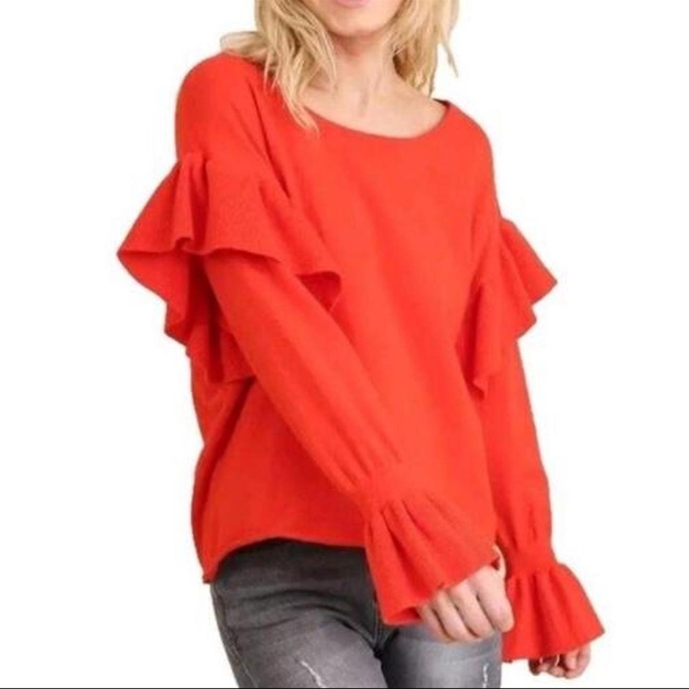Zara Women’s Red Orange Bell Sleeves Ruffle Knit Long Sleeve Flounce Sweater - Picture 2 of 15